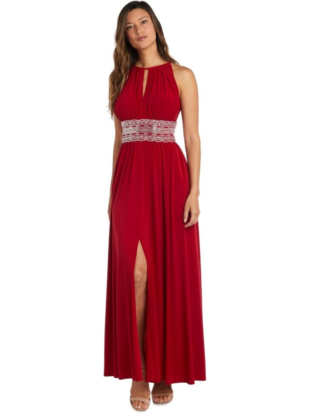 Elegant Beaded Waist Maxi Dress with Halter Neck & Slit for Weddings & Parties